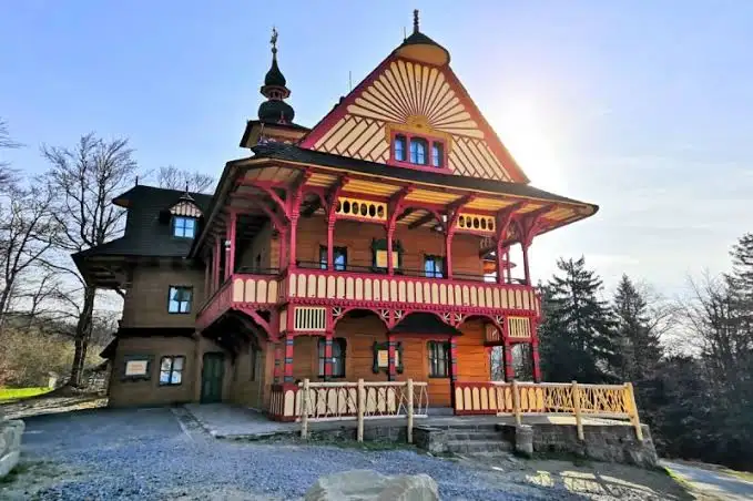 Pustevny wooden cottages with traditional Wallachian ornaments