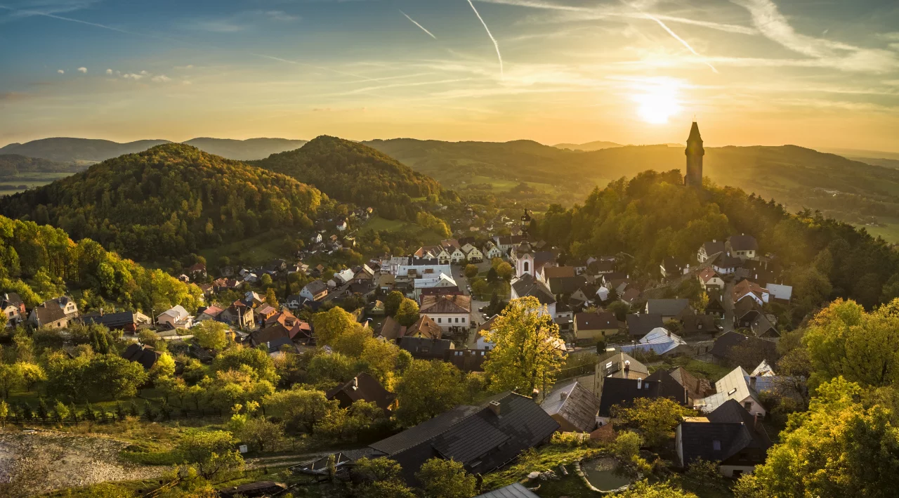 Panoramic view of Beskydy with forested hills and blue sky