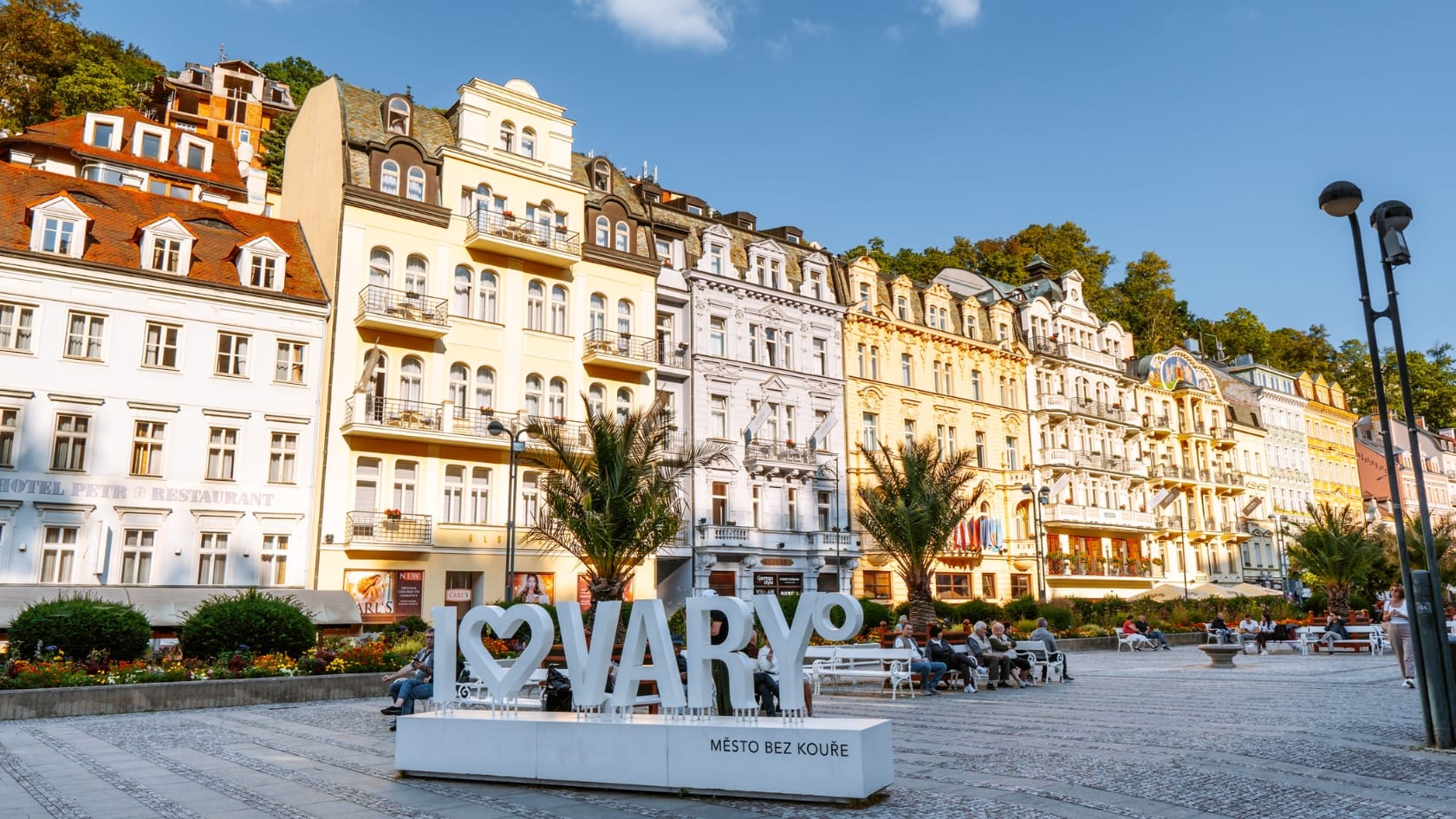 Panoramic view of Karlovy Vary spa town with colonnades, hills and historic architecture